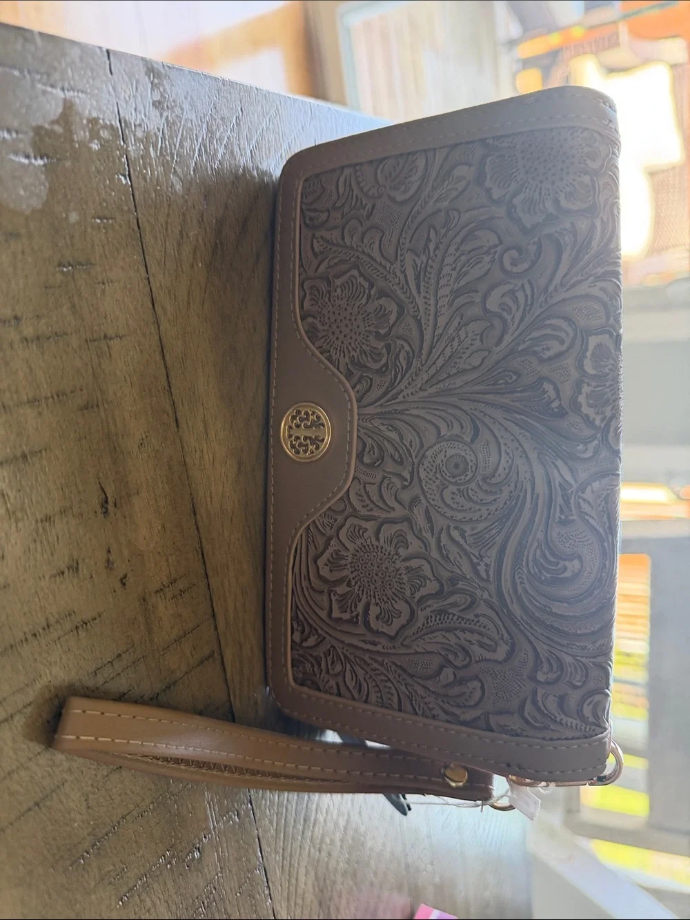 Women's Embossed Floral Zip Wallet Wristlet - Taupe